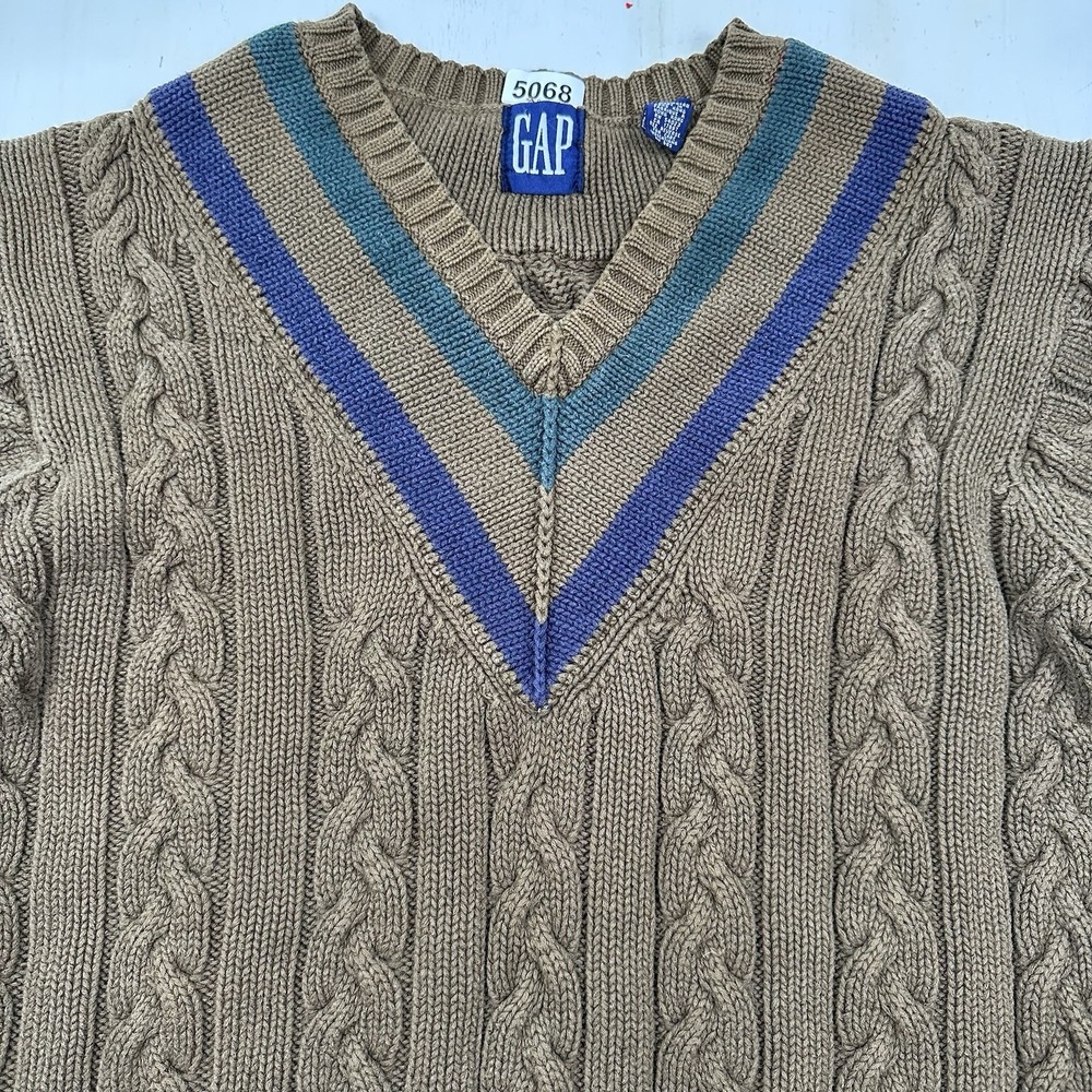 VTG GAP cricket sweater Men Small  Olive cable knit cotton v neck varsity tennis
